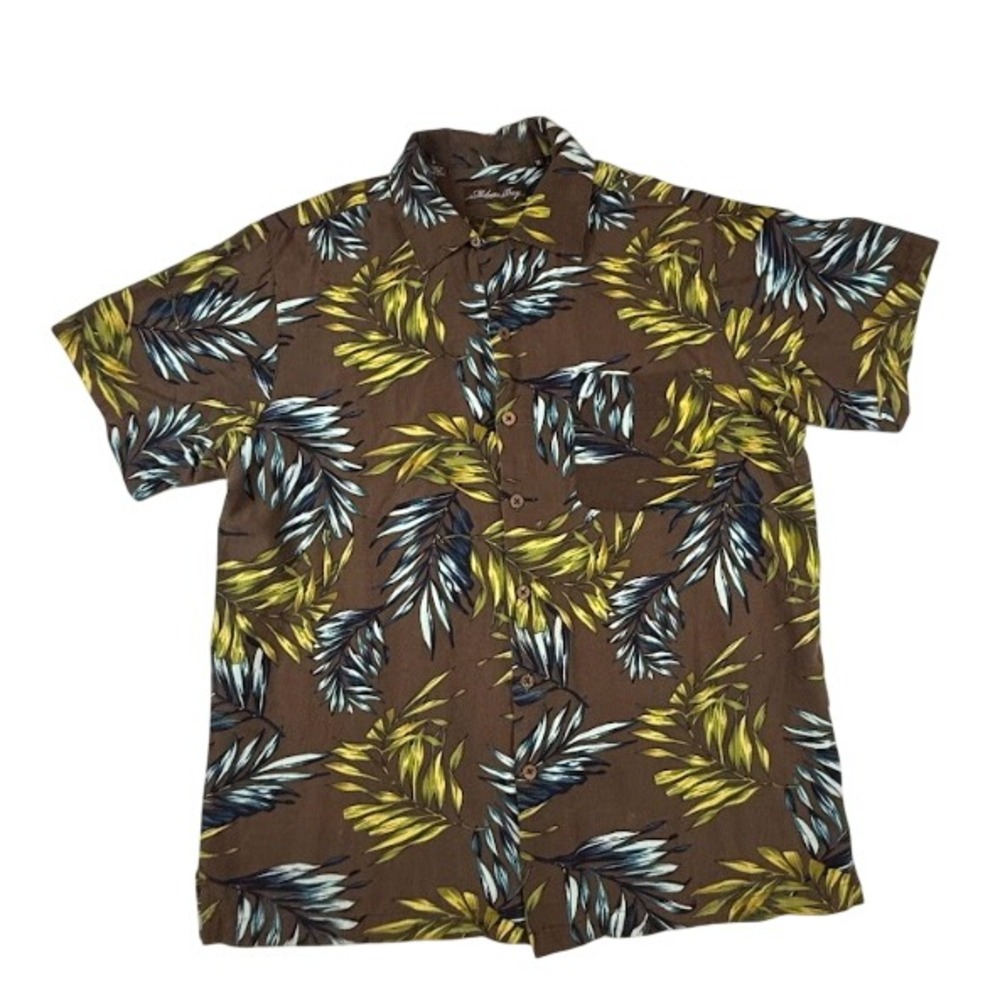 Milano Bay Men's Medium Brown Palm Leaf Tropical Button Up Shirt Rayon Cotton